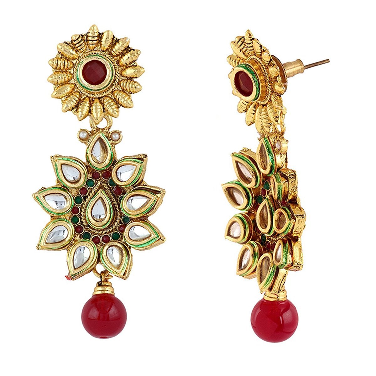 Flower 22K Antique Gold Kundan Ruby Red Dangling Earring For Women