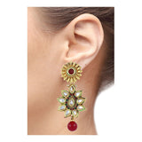 Flower 22K Antique Gold Kundan Ruby Red Dangling Earring For Women