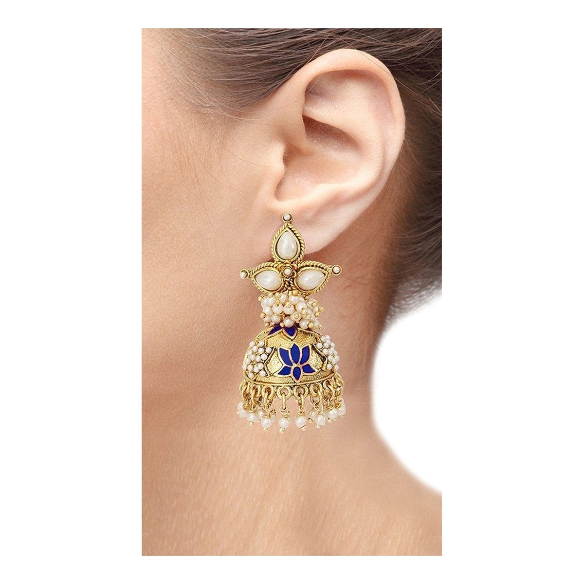 Blue Meenakari Lotus Pearl Jhumki Earring For Women