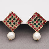 Square Pink Green Pearl Antique Gold Plated Earring For Women