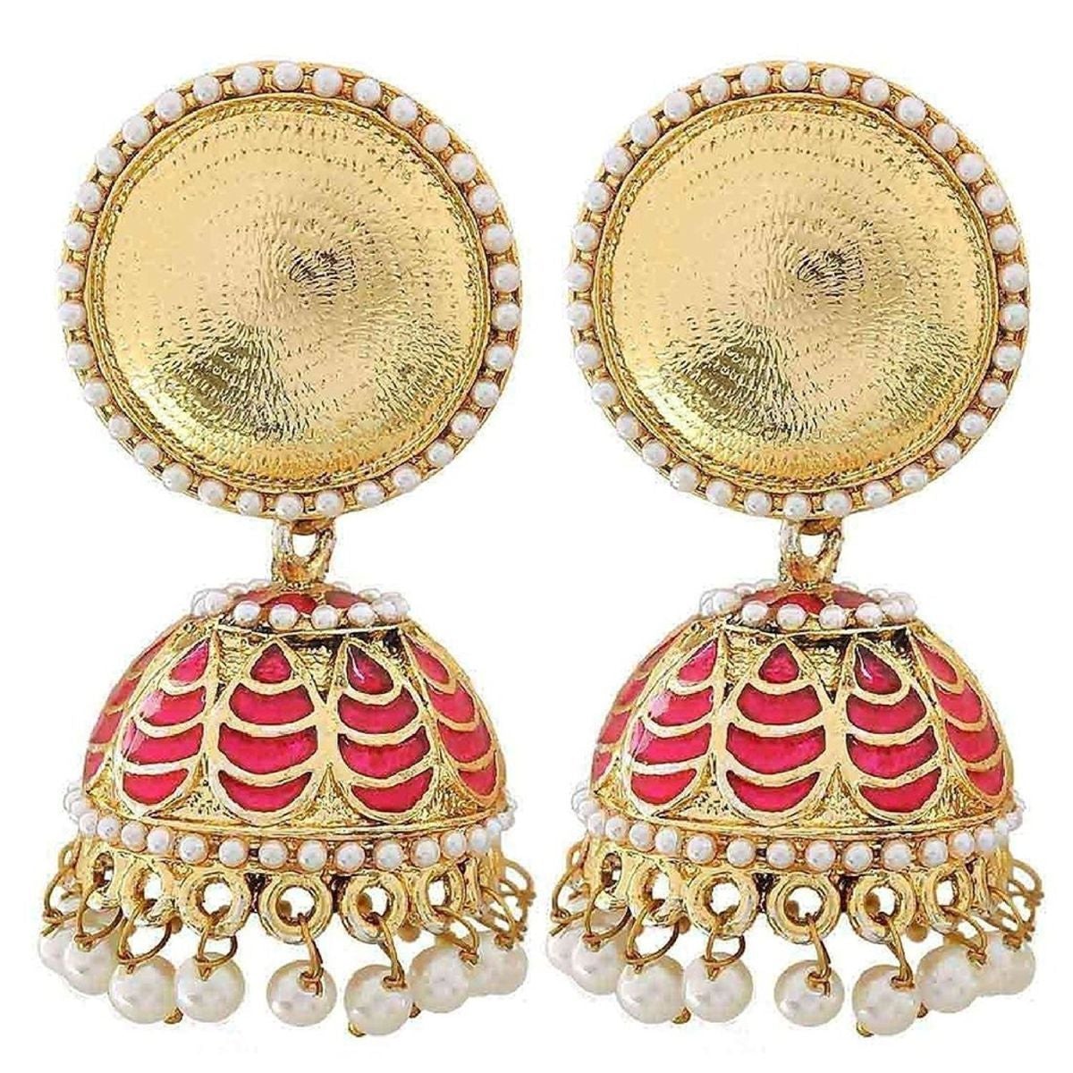 Antique Meenakari Gold Plated Rani Pink Jhumki Earring For Women