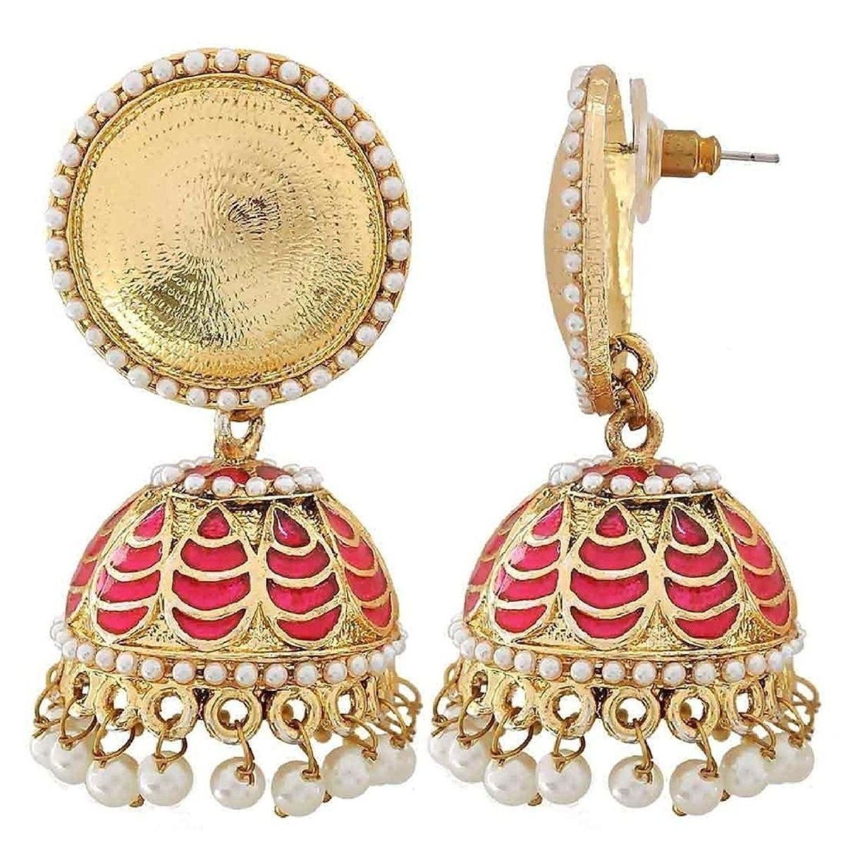 Antique Meenakari Gold Plated Rani Pink Jhumki Earring For Women