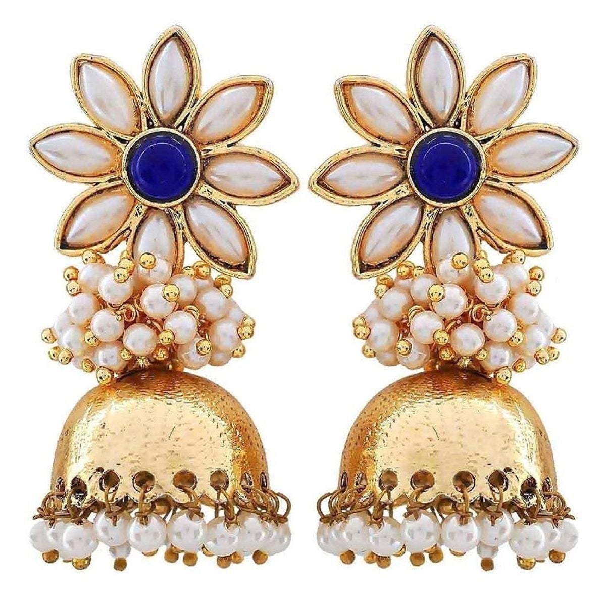 Flower 18K Gold Plated Blue Pearl Jhumki Earring For Women