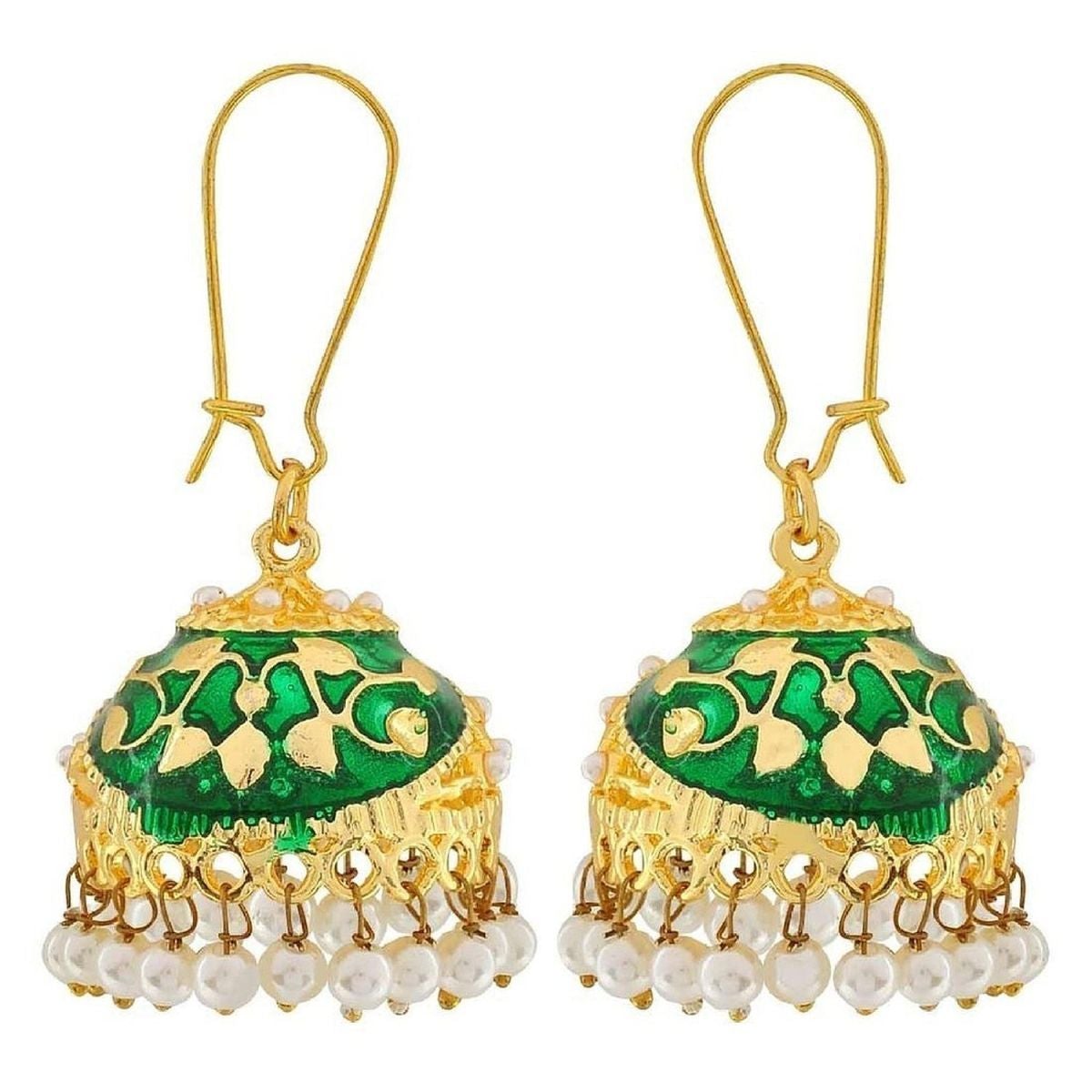 Flower Gold Plated Green Meenakari Jhumki Earring For Women
