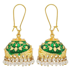 Flower Gold Plated Green Meenakari Jhumki Earring For Women