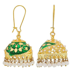 Flower Gold Plated Green Meenakari Jhumki Earring For Women