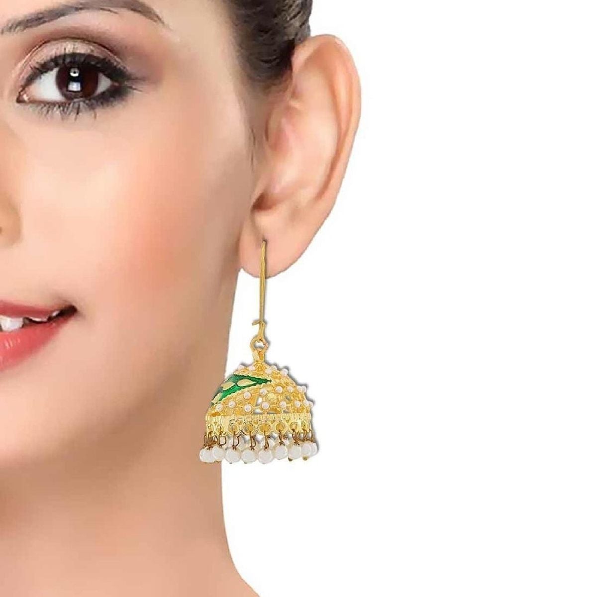 Flower Gold Plated Green Meenakari Jhumki Earring For Women