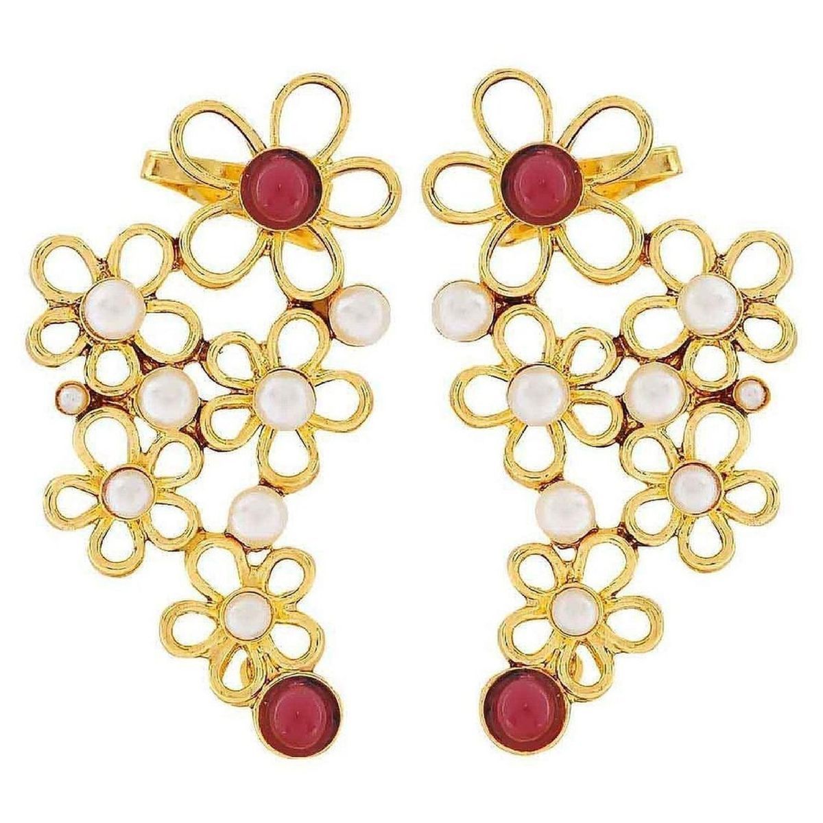 Gold Plated White & Red Pearl Filigree Cuff Earring For Women