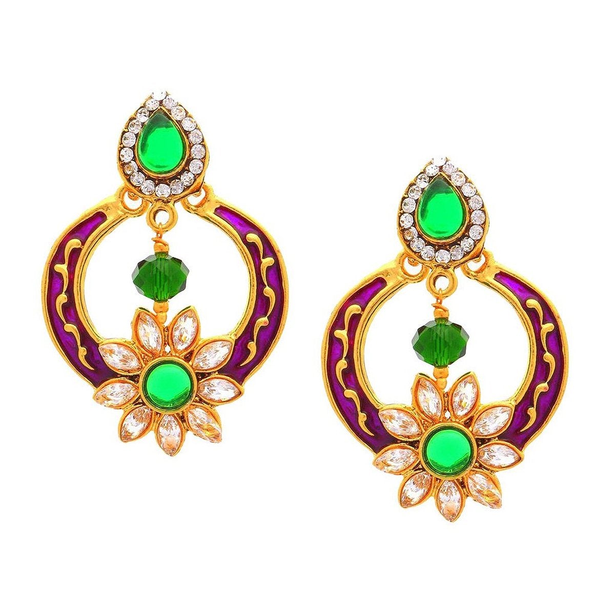 Flower Kundan Green Purple Meenakari Gold Plated Earring For Women