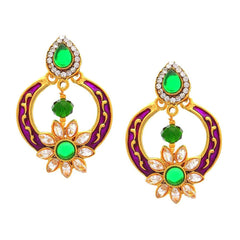 Flower Kundan Green Purple Meenakari Gold Plated Earring For Women