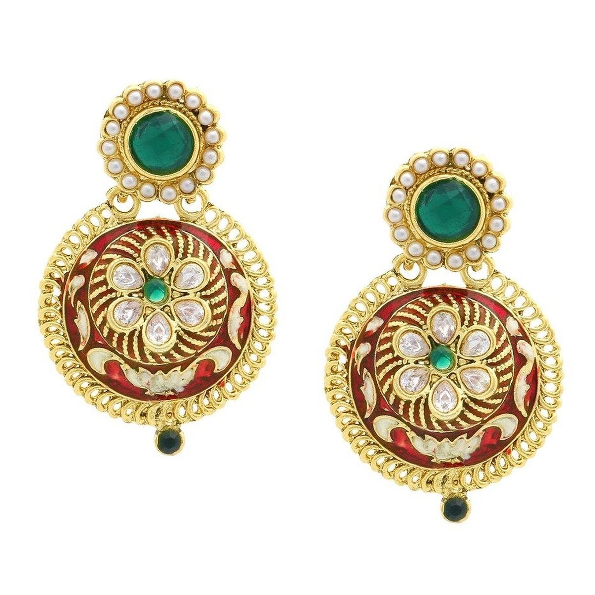 Flower Kundan Emerald Green Red Meenakari Stud Earring For Women