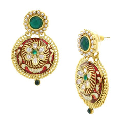 Flower Kundan Emerald Green Red Meenakari Stud Earring For Women