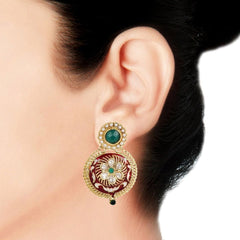 Flower Kundan Emerald Green Red Meenakari Stud Earring For Women