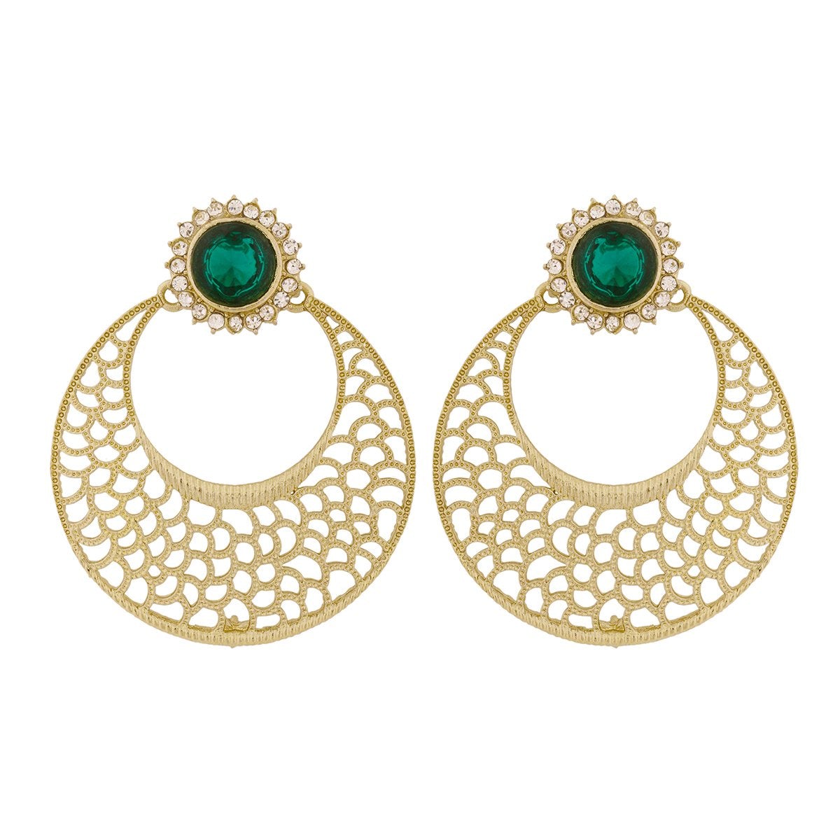 Chaand Bali Filigree Antique Rhodium Plated Green Earring For Women