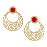 Chaand Bali Filigree Antique Rhodium Plated Red Earring For Women