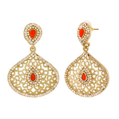 Filigree Pear Red Antique Rhodium Dangling Earring For Women