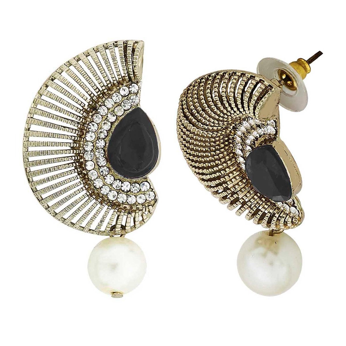 Filigree Crescent Antique Rhodium Black Cz Pearl Earring For Women
