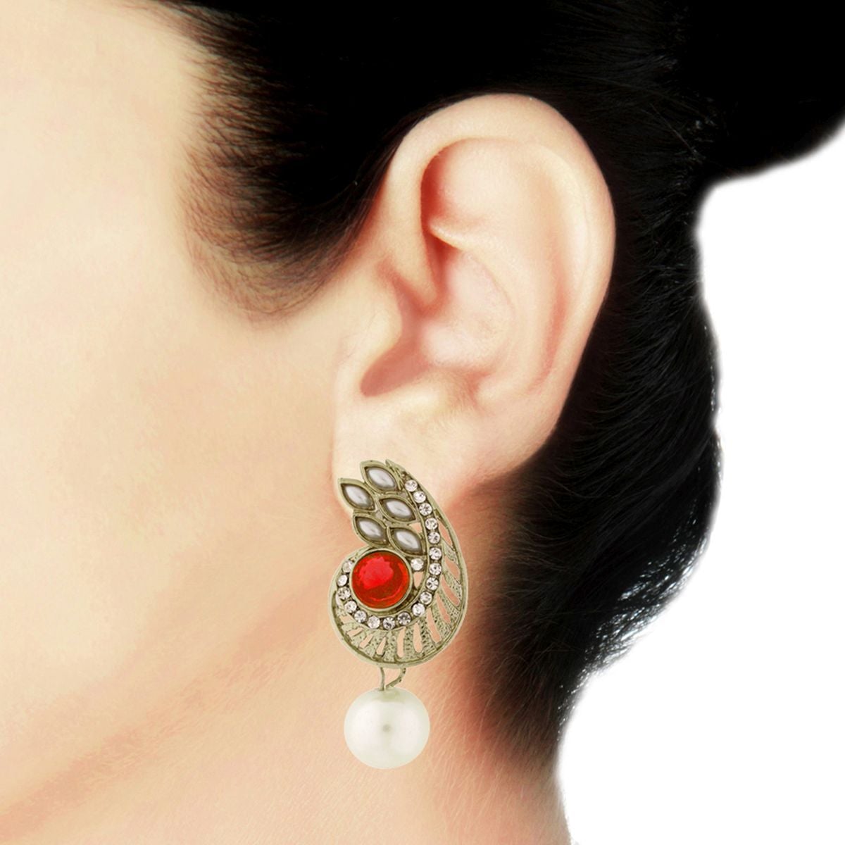 Paisley Filigree American Diamond Pearl Red Earring For Women
