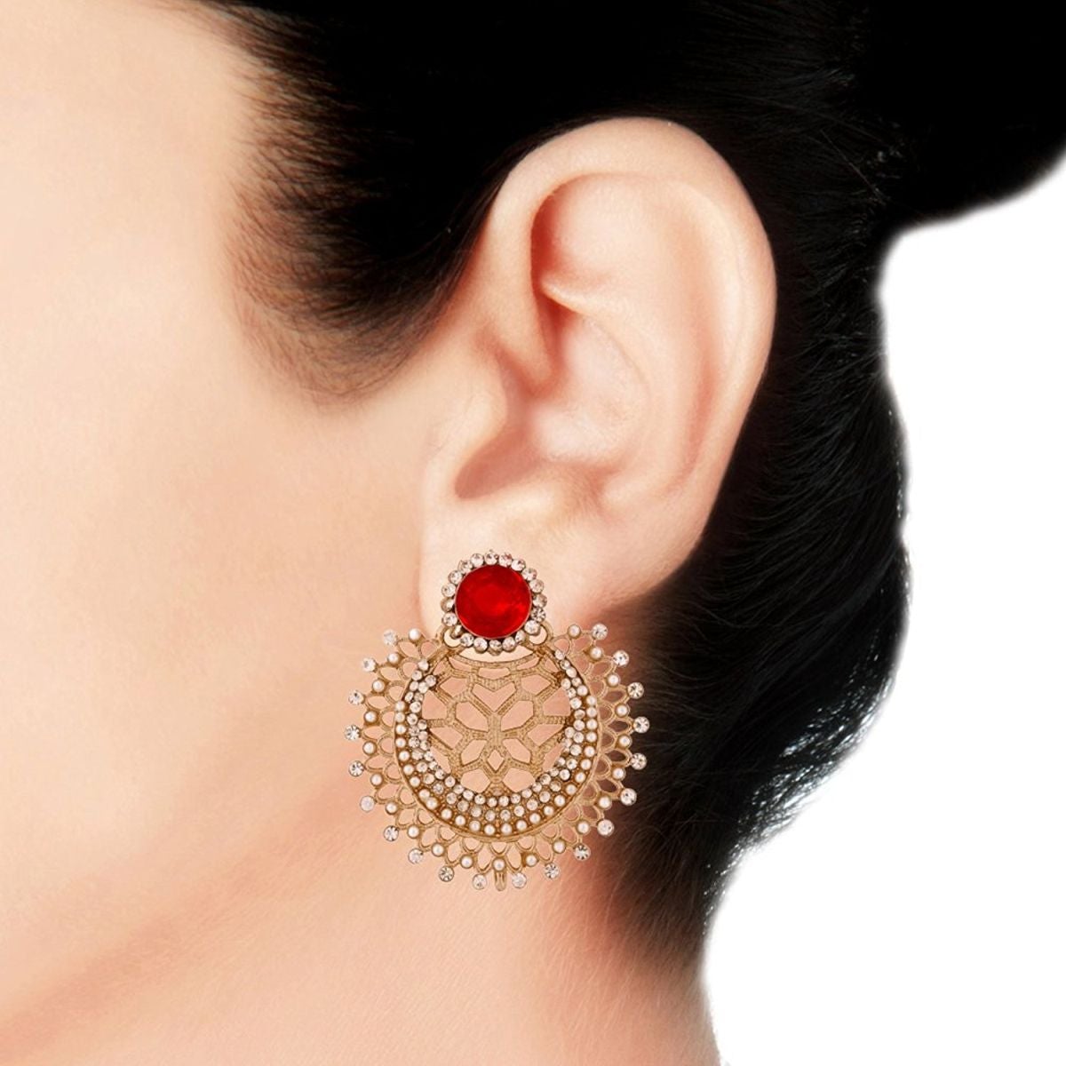 Chaand Bali Filigree American Diamond Pearl Silver Red Stud Earring