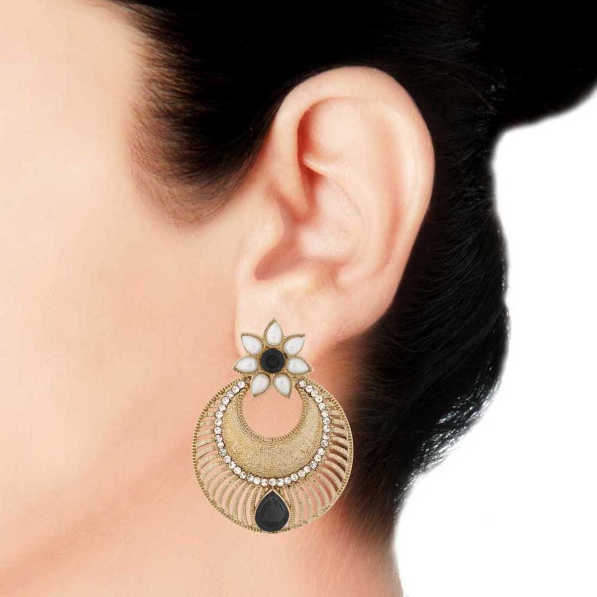 Chaand Bali Filigree Antique Rhodium Plated Black Earring For Women