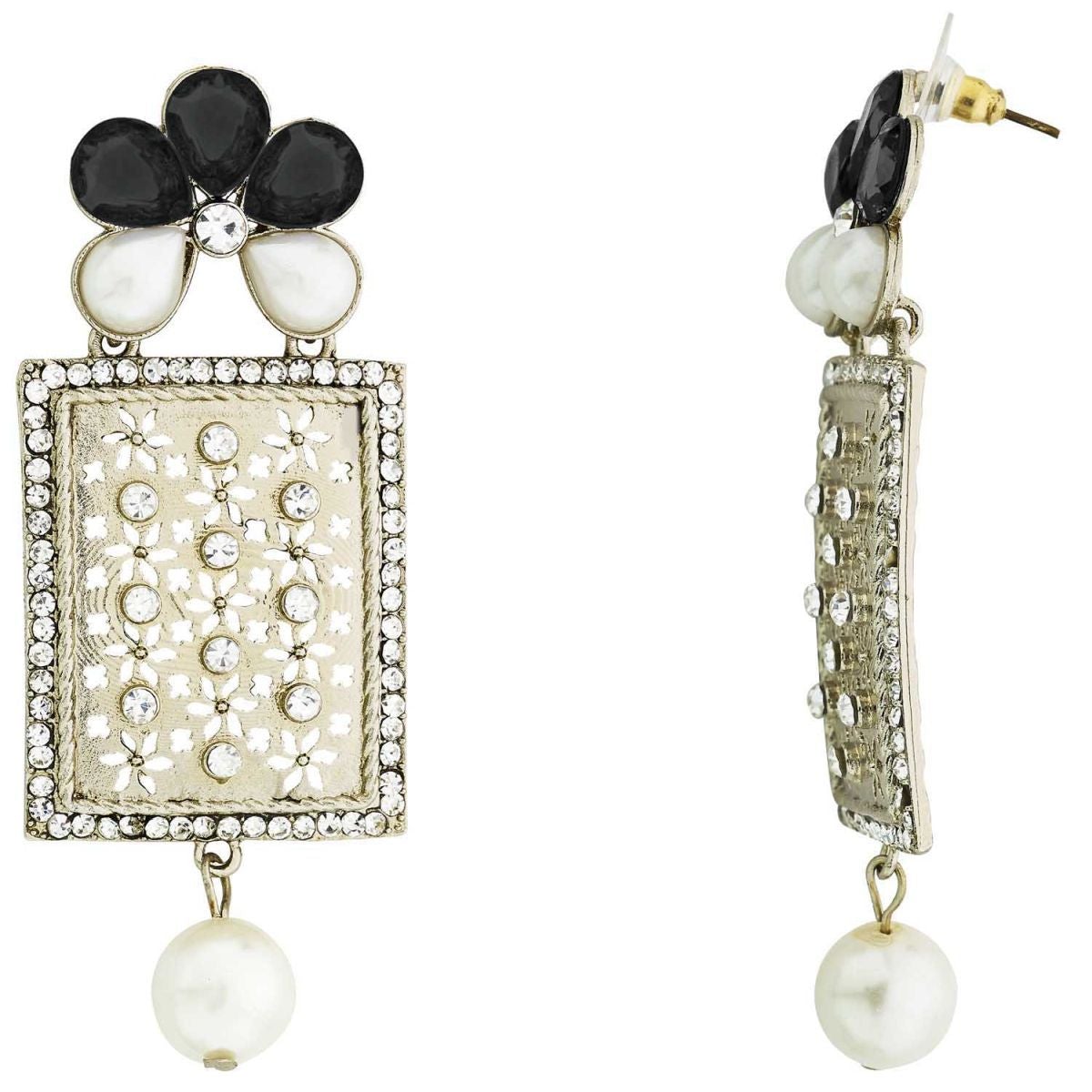 Designer American Diamond Black Pearl Rhodium Long Earring For Women