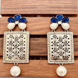 Designer American Diamond Blue Pearl Rhodium Long Earring For Women