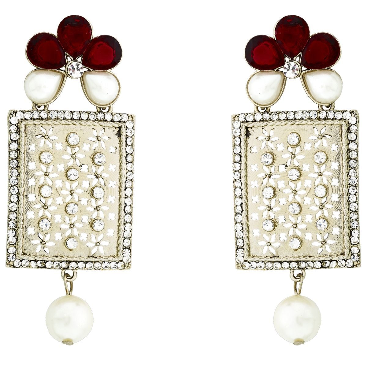 Designer American Diamond Ruby Red Pearl Rhodium Long Earring