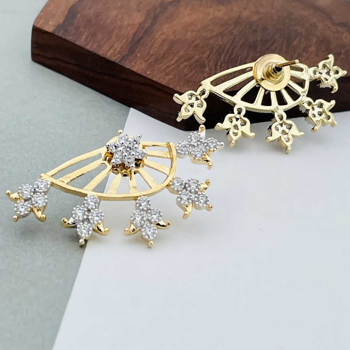 Tri Flower 18K Gold Plated Ear Cuff Jacket Pair Stud Earring