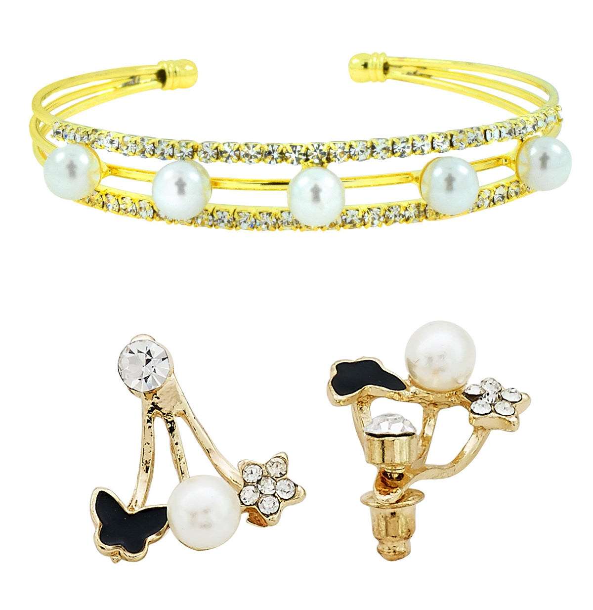 Flower Eternity Rose Gold Stud Earring + Cz Pearl Cuff Kada Combo