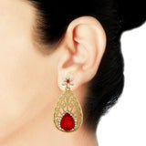 Pear Flower Filigree Antique Rhodium Pearl Red Earring For Women