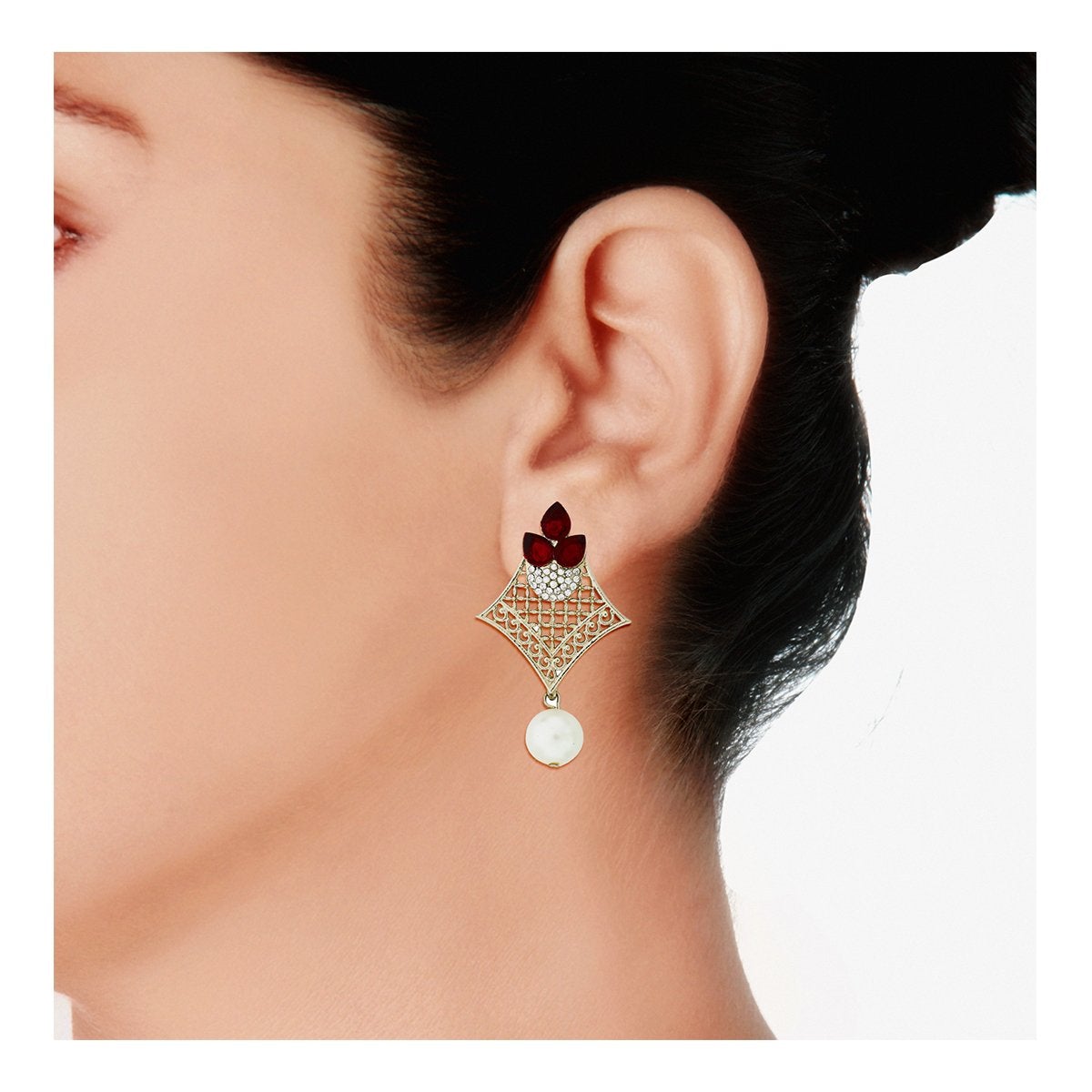 Pear Flower Filigree Antique Rhodium Pearl Red Earring For Women