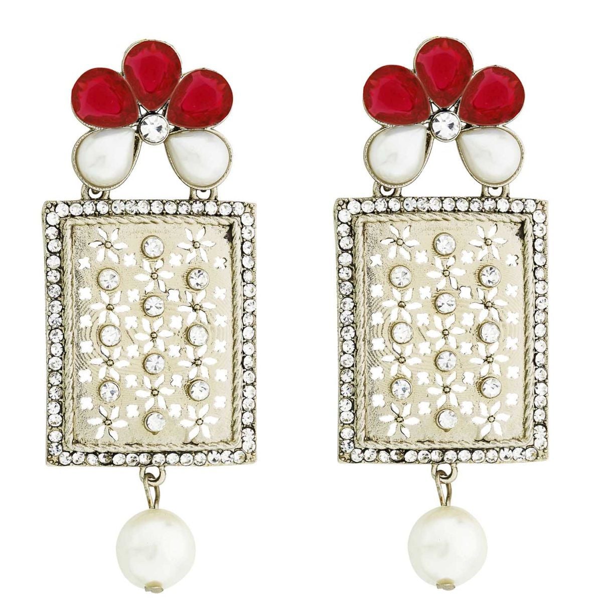 Designer American Diamond Pink Pearl Rhodium Long Earring For Women