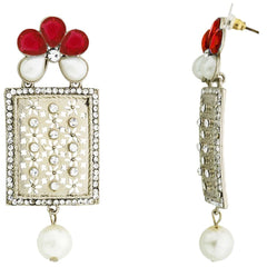 Designer American Diamond Pink Pearl Rhodium Long Earring For Women
