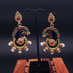 Peacock Meenakari Red Green Pearl Dangling Earring For Women