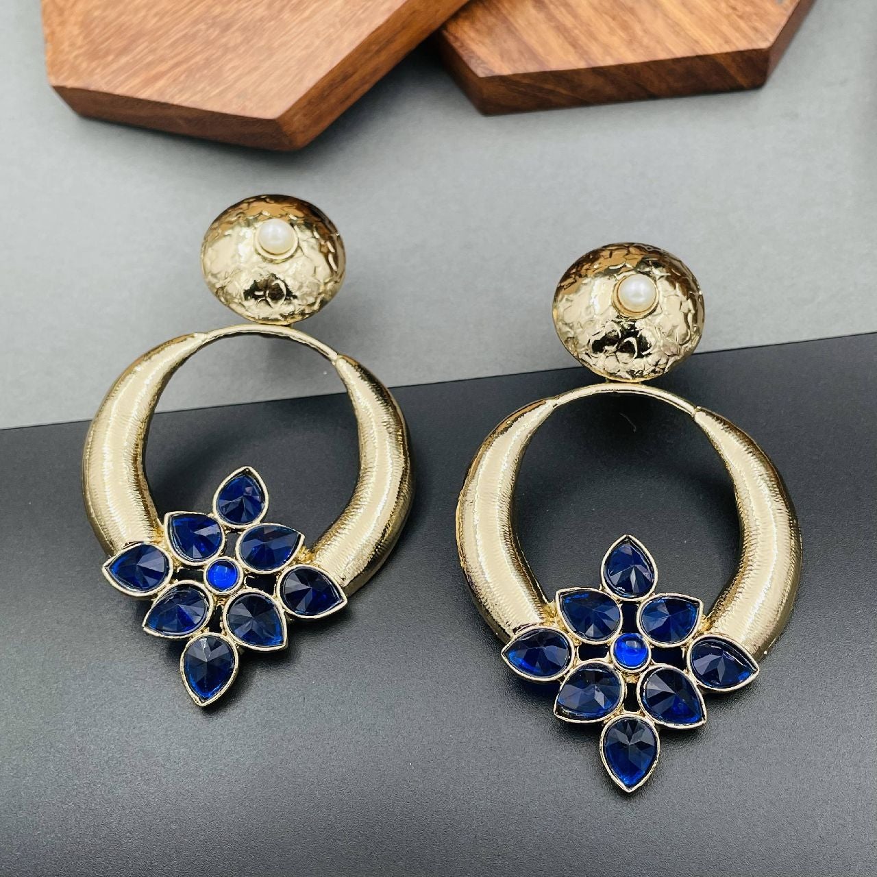 Gold Tone Navy Blue Stone Clip On Earrings With Rope Edge | eBay