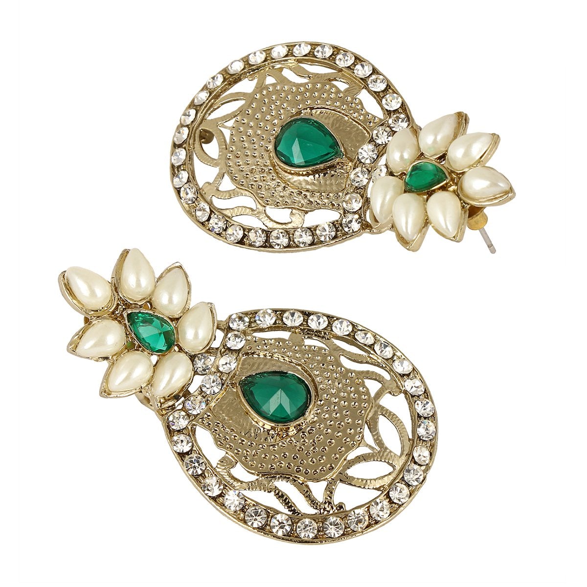 Flower Filigree Antique Rhodium Pearl Green Earring For Women