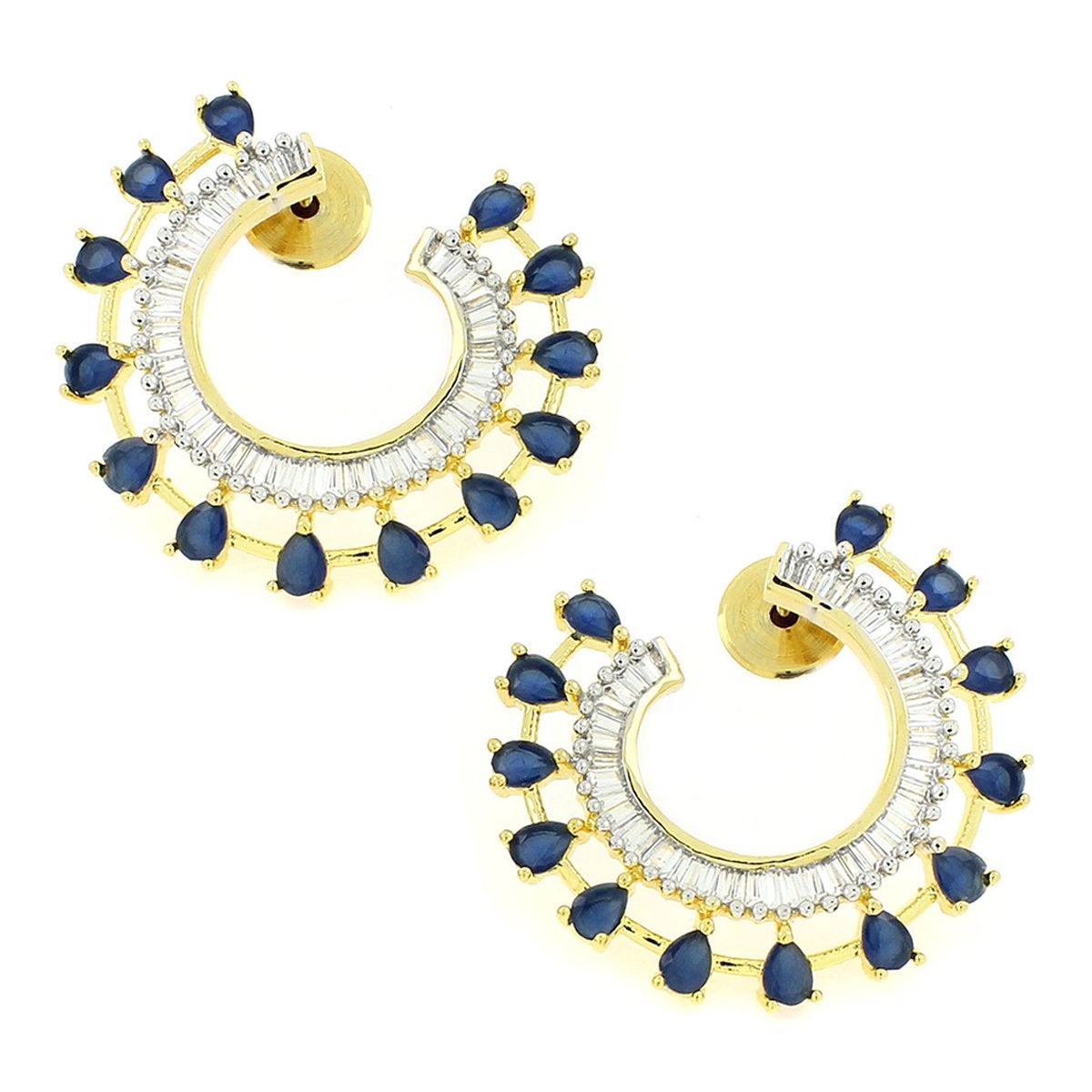 Chaand Crescent American Diamond Sapphire Blue 18K Gold Stud Earring