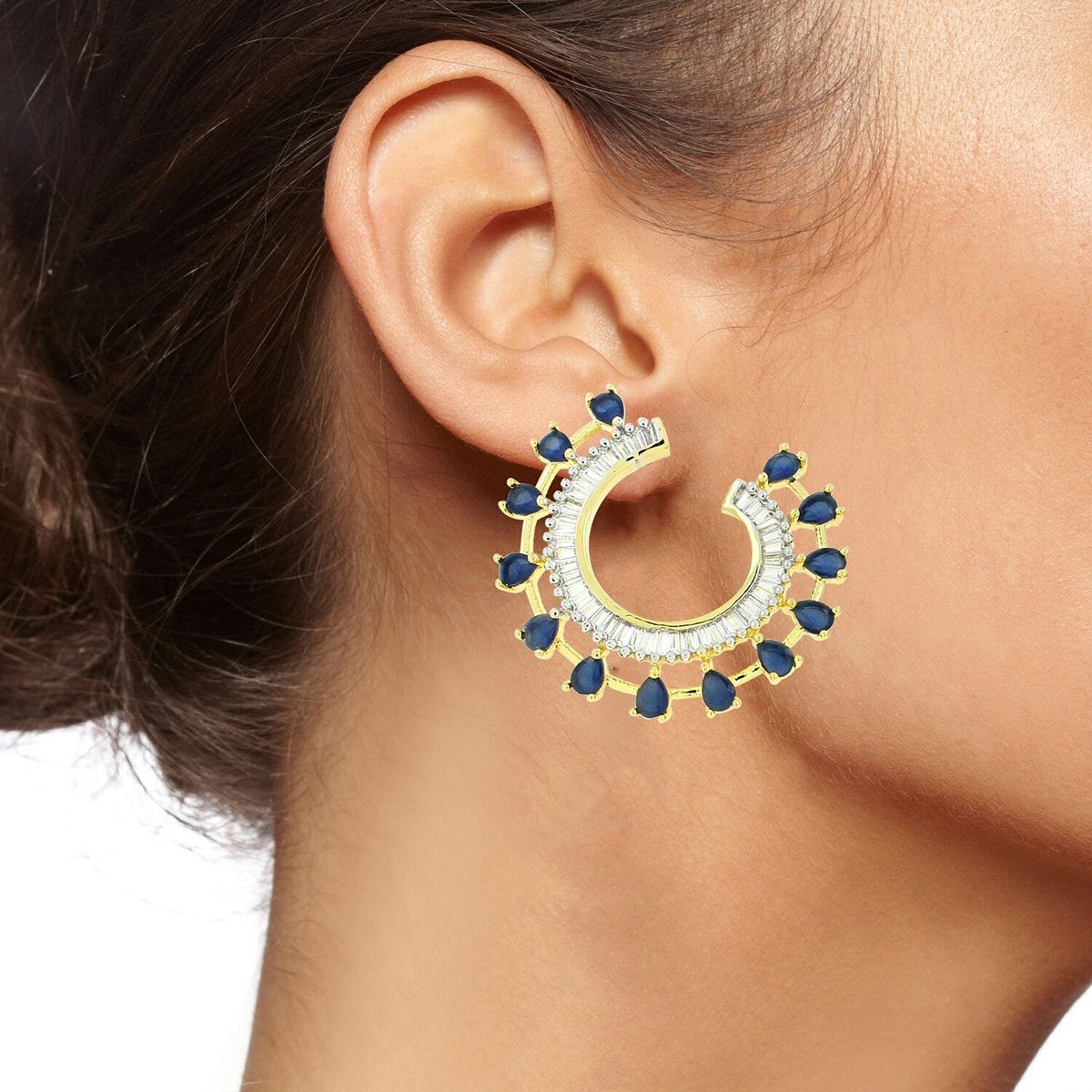 Chaand Crescent American Diamond Sapphire Blue 18K Gold Stud Earring