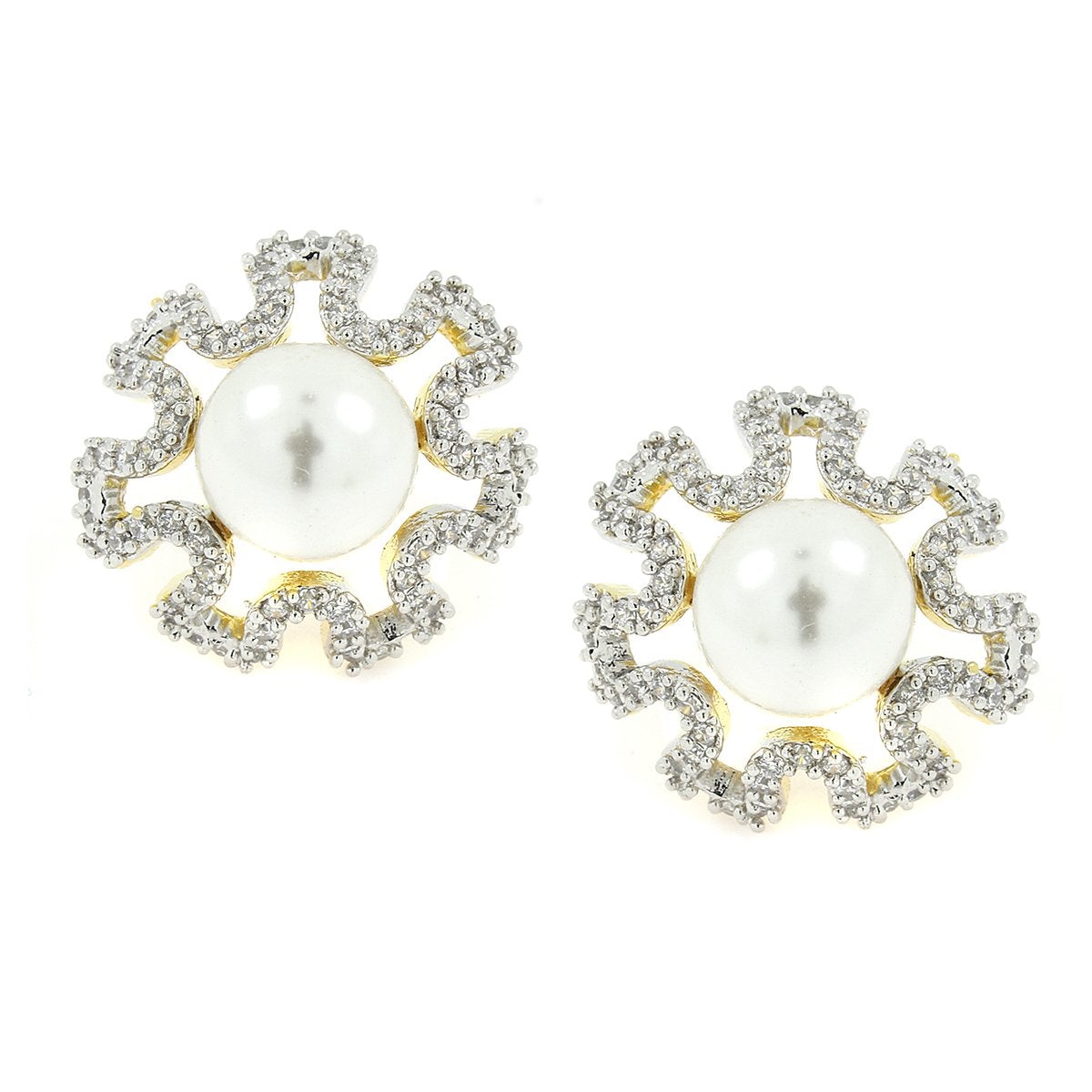 Flower Pearl American Diamond Cz Gold Dangling Earring For Women