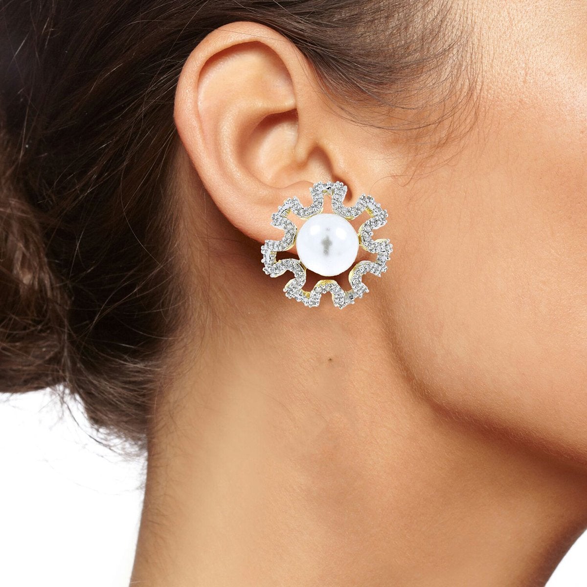 Flower Pearl American Diamond Cz Gold Dangling Earring For Women
