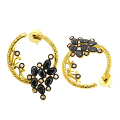 Flower Filigree Victorian Spinel Black Gold Crescent Stud Earring