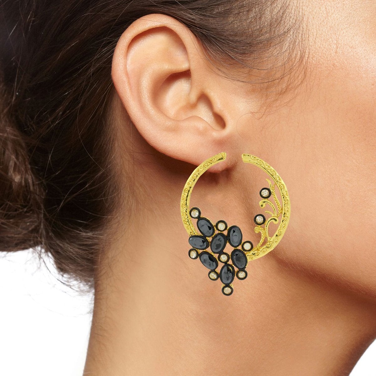 Flower Filigree Victorian Spinel Black Gold Crescent Stud Earring