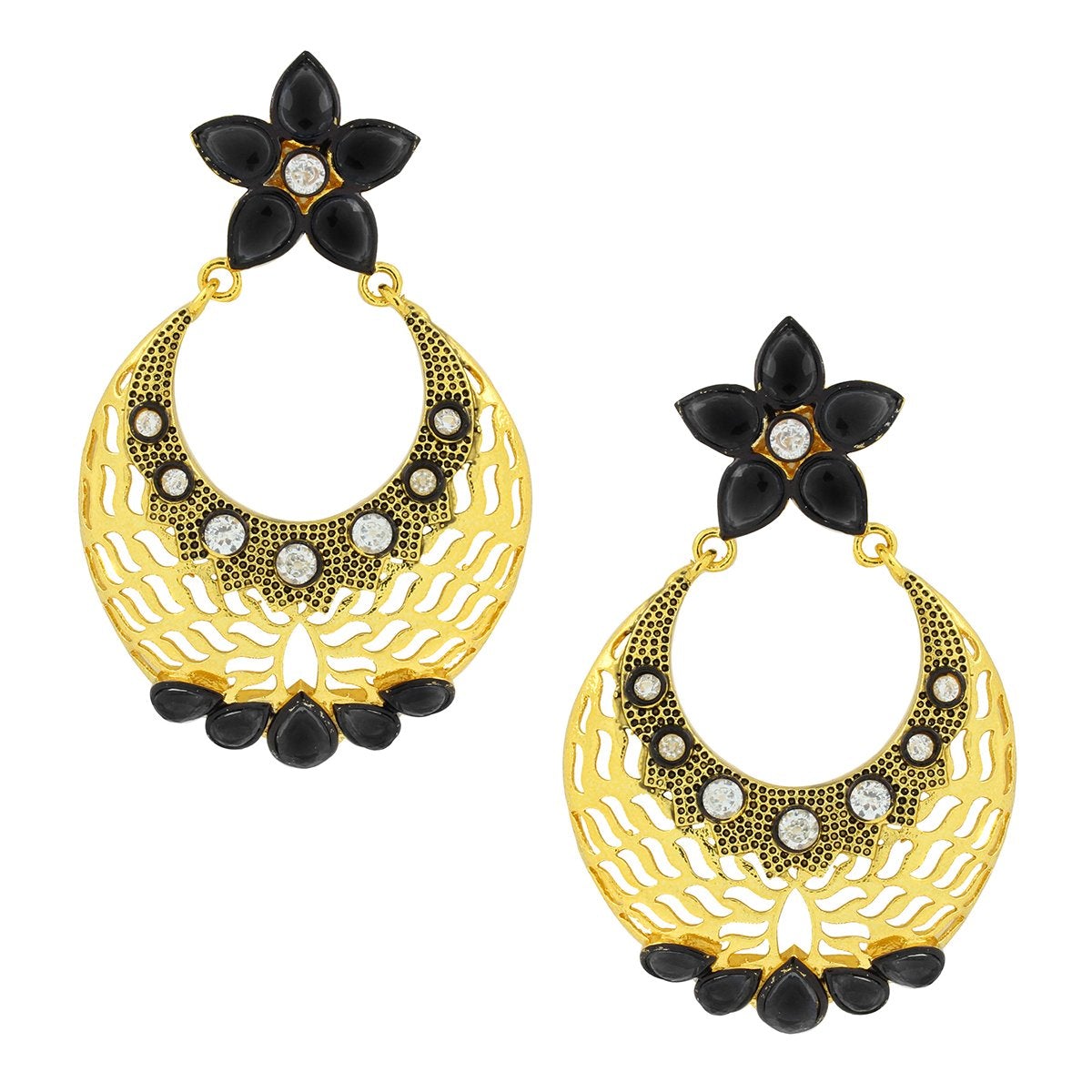 Filigree Flower Chaand Bali Black American Diamond Cz Gold Earring