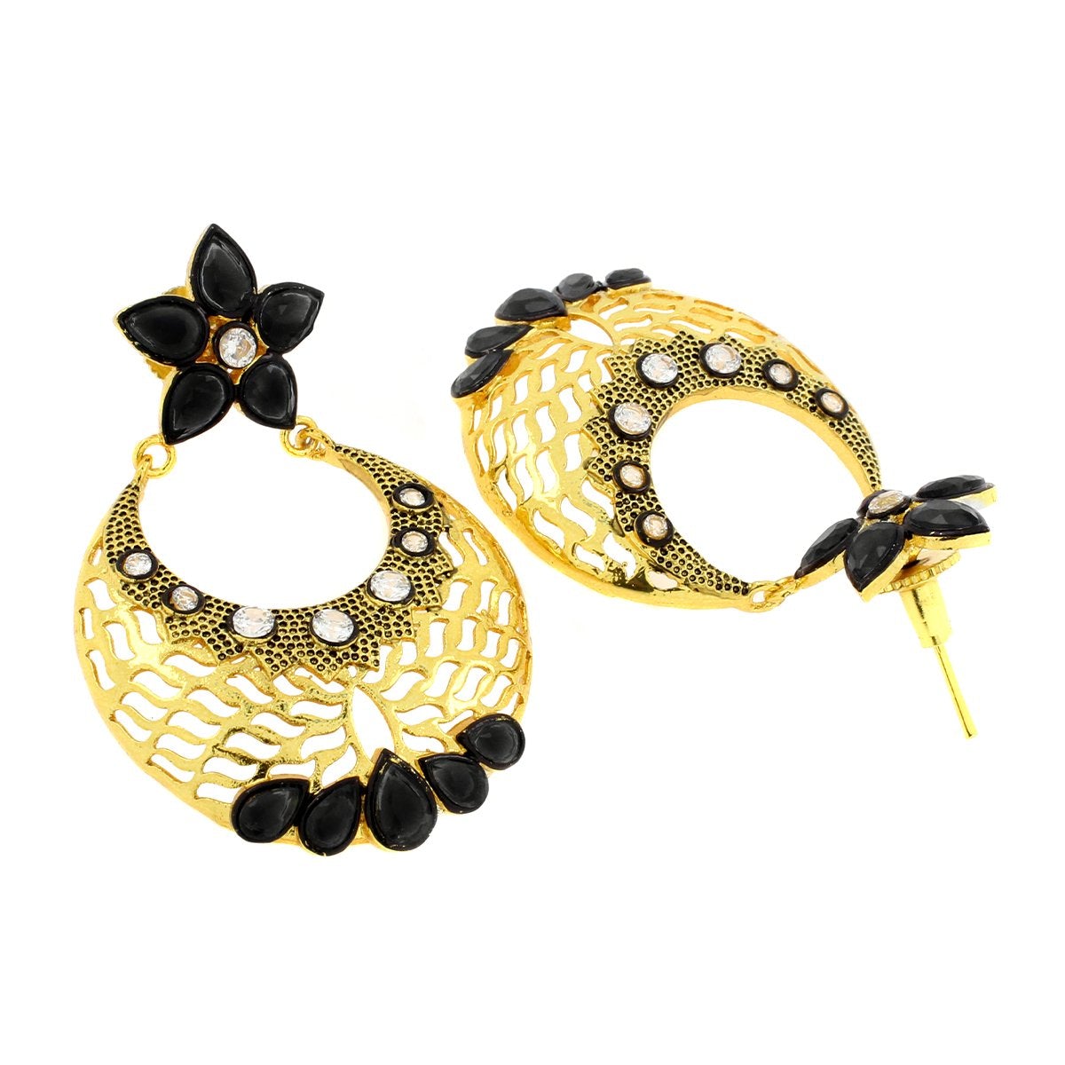 Filigree Flower Chaand Bali Black American Diamond Cz Gold Earring