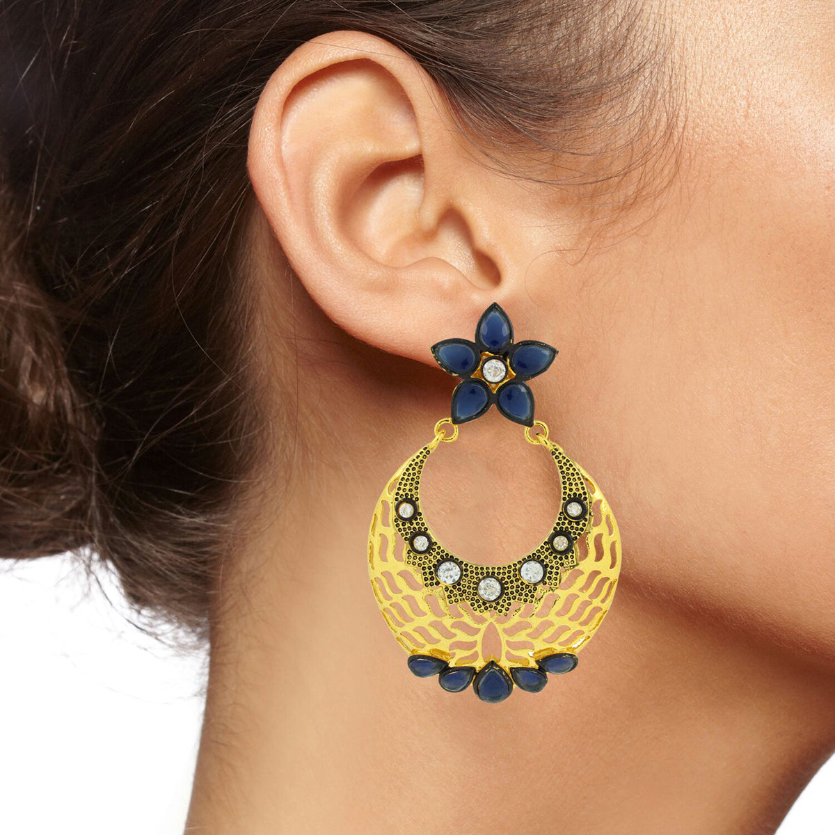 Flower Chaand Bali Sapphire Blue American Diamond Cz Gold Earring