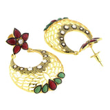 Flower Chaand Bali Red Green American Diamond Cz Gold Earring