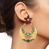 Flower Chaand Bali Red Green American Diamond Cz Gold Earring