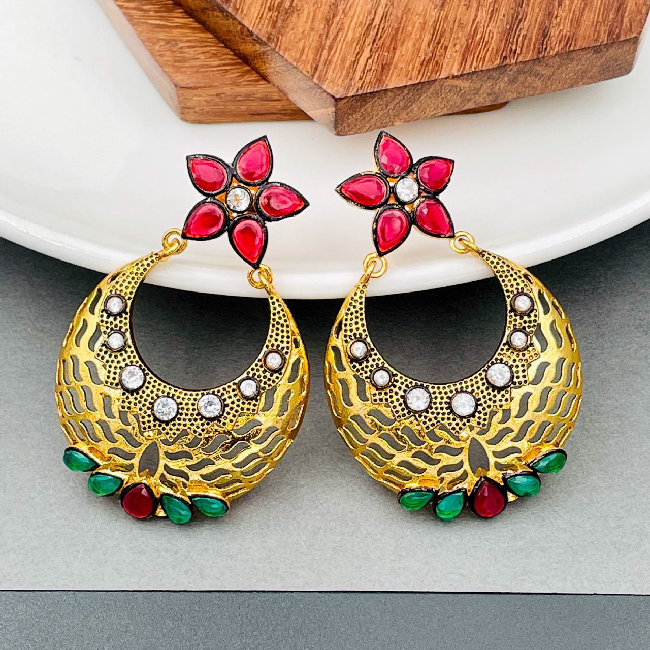 SER7583 CZ Ruby White Chand Bali Style Fashion Jewellery Earrings Gold  Plated in Salem at best price by Smart Jewel - Justdial