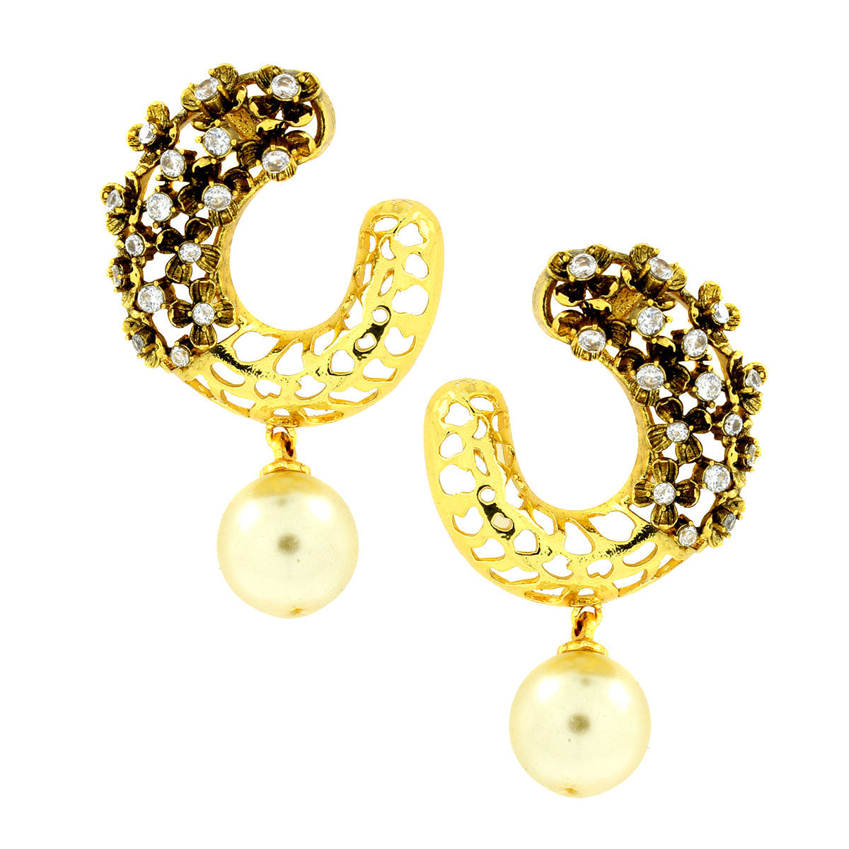 3D Flower Antique Gold Plated American Diamond Pearl Stud Earring
