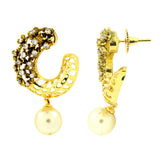 3D Flower Antique Gold Plated American Diamond Pearl Stud Earring